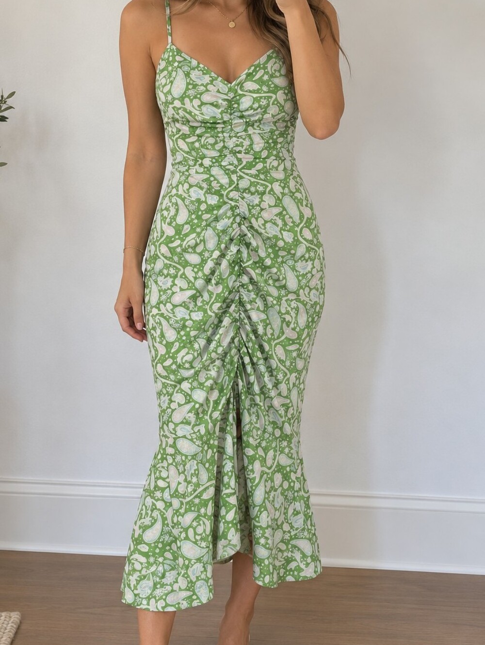 Green Paisley Ruched Spaghetti-Strap Dress
